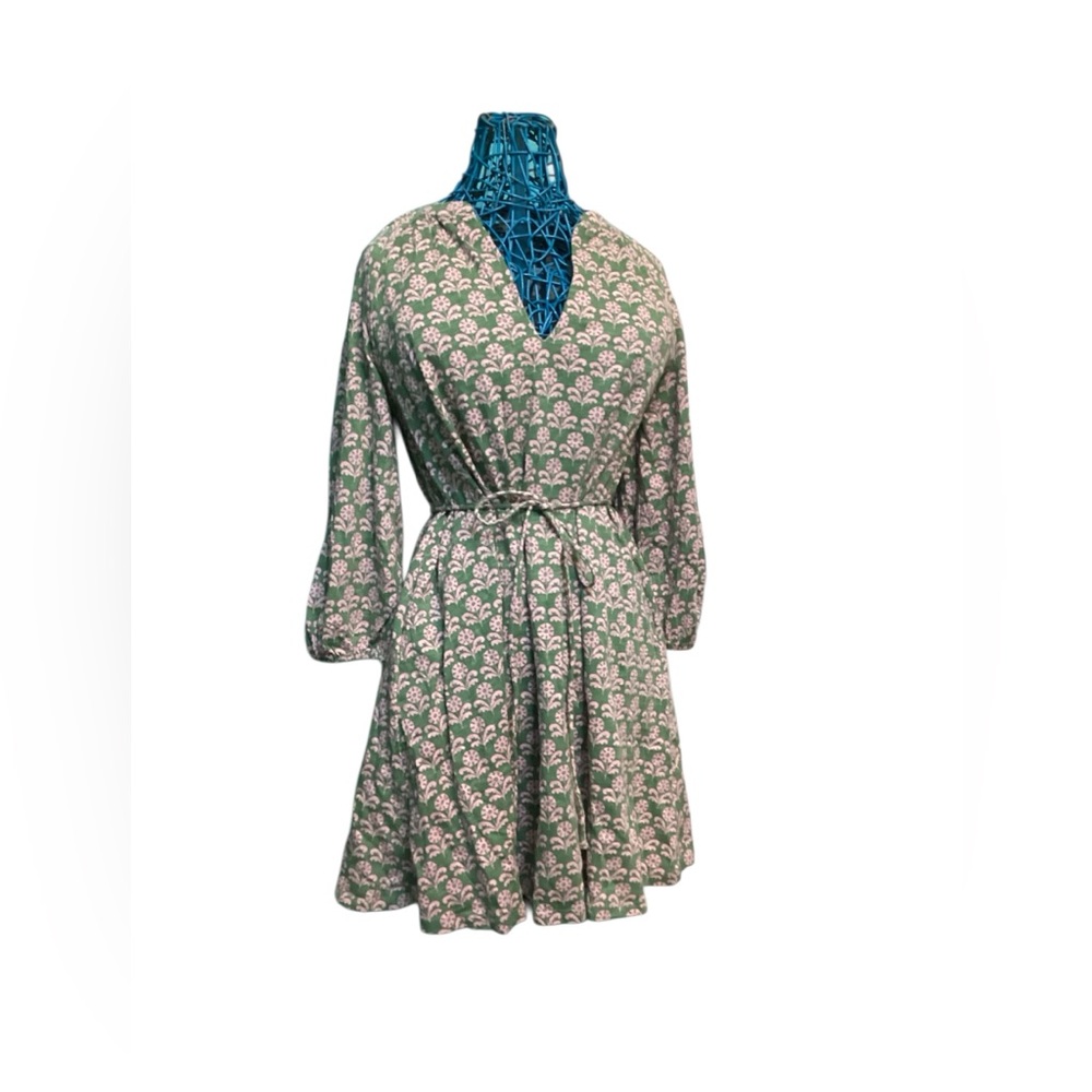 Boden Green & Pink Floral Print Fit & Flare Tie Waist Jersey‎ V Neck Mini Dress - Picture 3 of 8